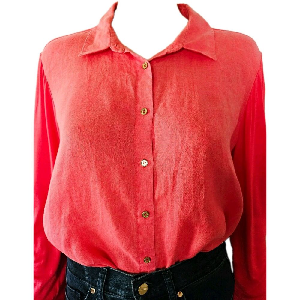 Calvin Klein Women's Solid Pink Cotton Long Sleeve Collared Button-Up M
